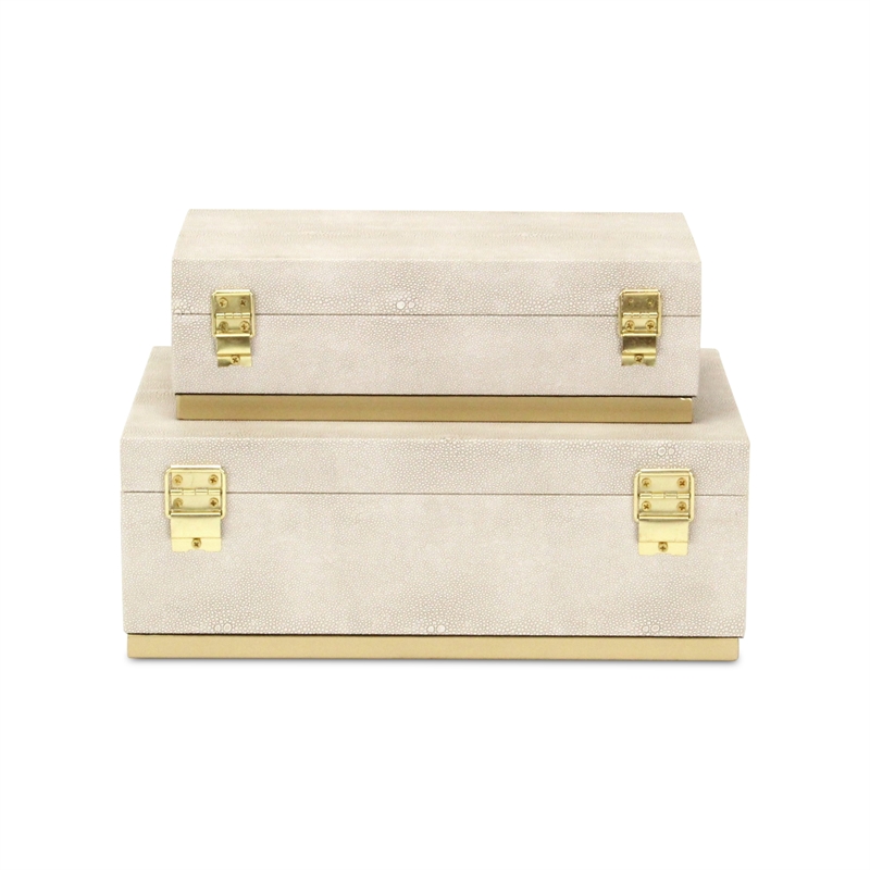 Pemberly Row Rectangular Gold Accented Box Set of 2 in Cream Faux Shagreen