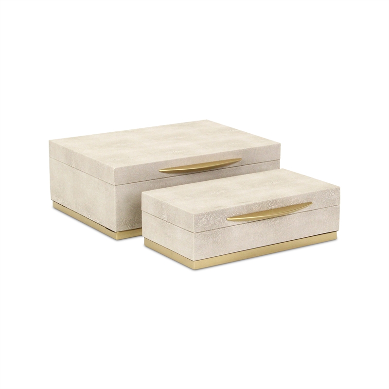 Pemberly Row Rectangular Gold Accented Box Set of 2 in Cream Faux Shagreen