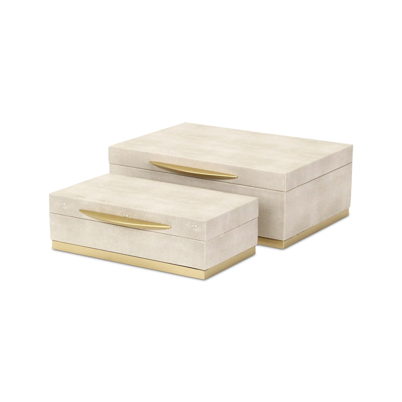 Pemberly Row Rectangular Gold Accented Box Set of 2 in Cream Faux Shagreen