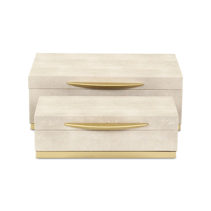 Pemberly Row Rectangular Gold Accented Box Set of 2 in Cream Faux Shagreen