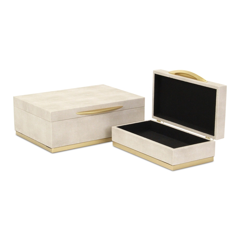 Pemberly Row Rectangular Gold Accented Box Set of 2 in Cream Faux Shagreen