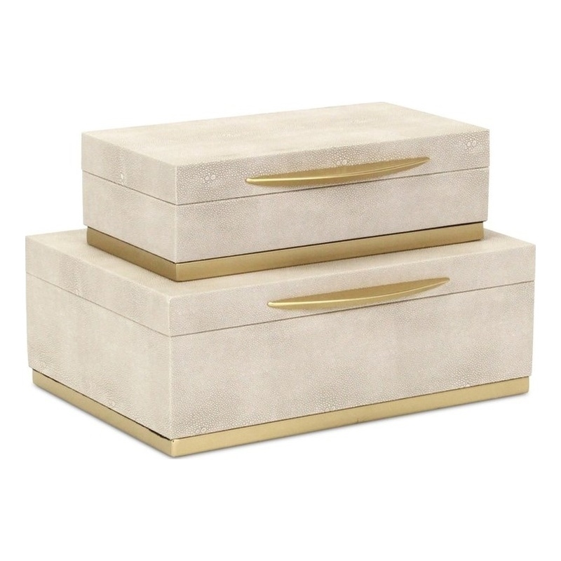 Pemberly Row Rectangular Gold Accented Box Set of 2 in Cream Faux Shagreen