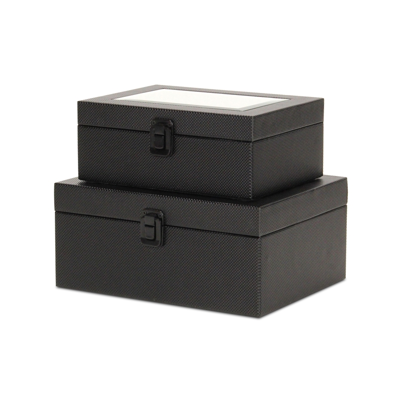 Pemberly Row Vinyl Woven Pattern Mirrored Box Set of 2 in Black