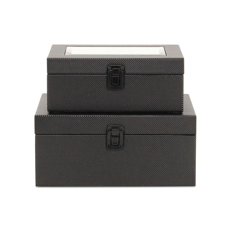 Pemberly Row Vinyl Woven Pattern Mirrored Box Set of 2 in Black