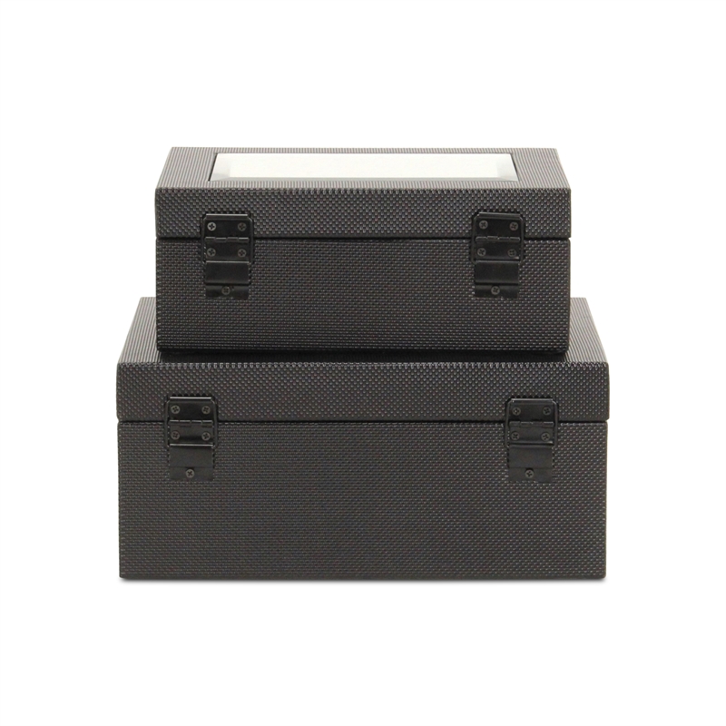 Pemberly Row Vinyl Woven Pattern Mirrored Box Set of 2 in Black