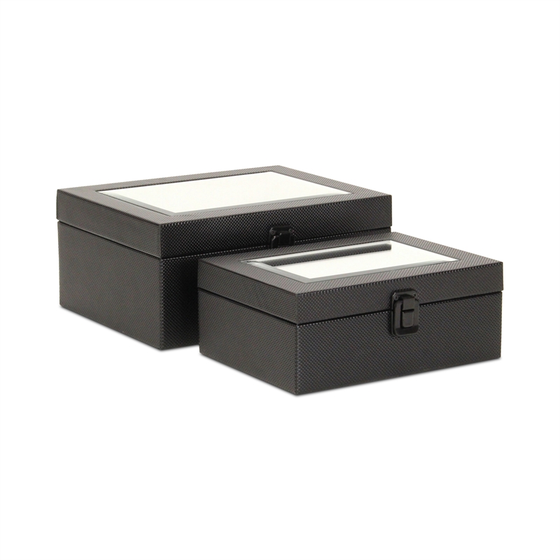 Pemberly Row Vinyl Woven Pattern Mirrored Box Set of 2 in Black