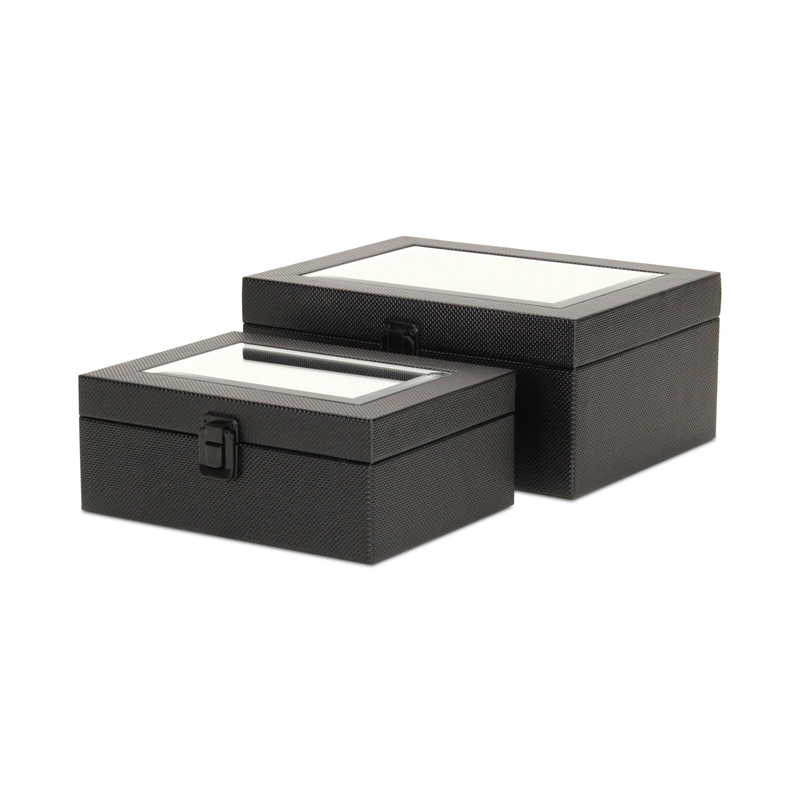Pemberly Row Vinyl Woven Pattern Mirrored Box Set of 2 in Black