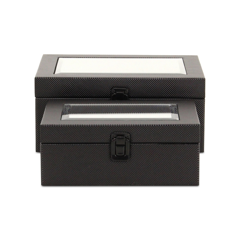 Pemberly Row Vinyl Woven Pattern Mirrored Box Set of 2 in Black