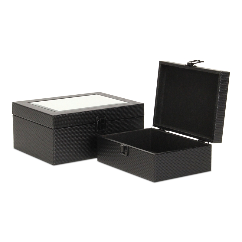 Pemberly Row Vinyl Woven Pattern Mirrored Box Set of 2 in Black