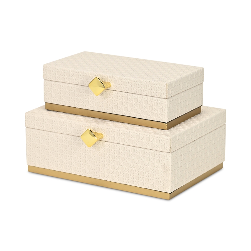 Pemberly Row Vinyl Rattan Rectangular Box Set of 2 in White with Gold Metal Base