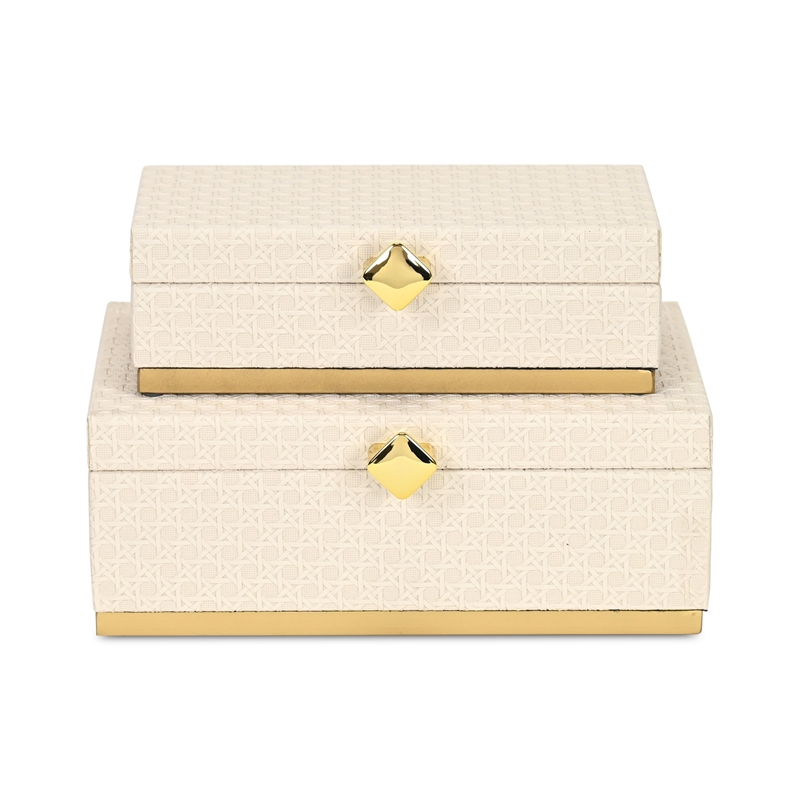 Pemberly Row Vinyl Rattan Rectangular Box Set of 2 in White with Gold Metal Base