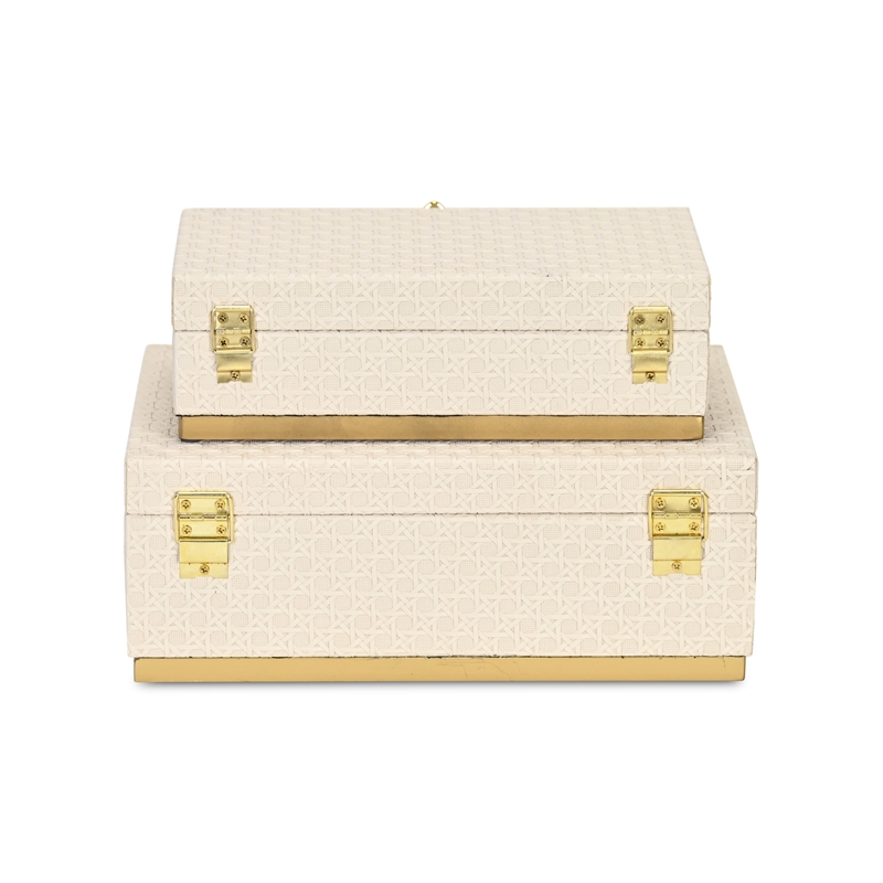Pemberly Row Vinyl Rattan Rectangular Box Set of 2 in White with Gold Metal Base