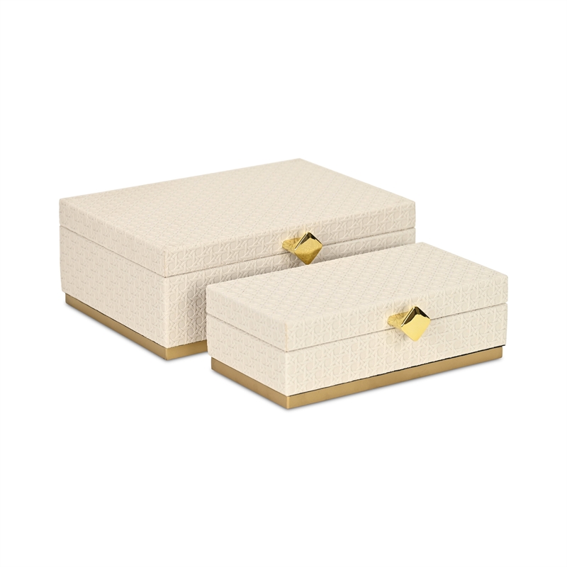 Pemberly Row Vinyl Rattan Rectangular Box Set of 2 in White with Gold Metal Base