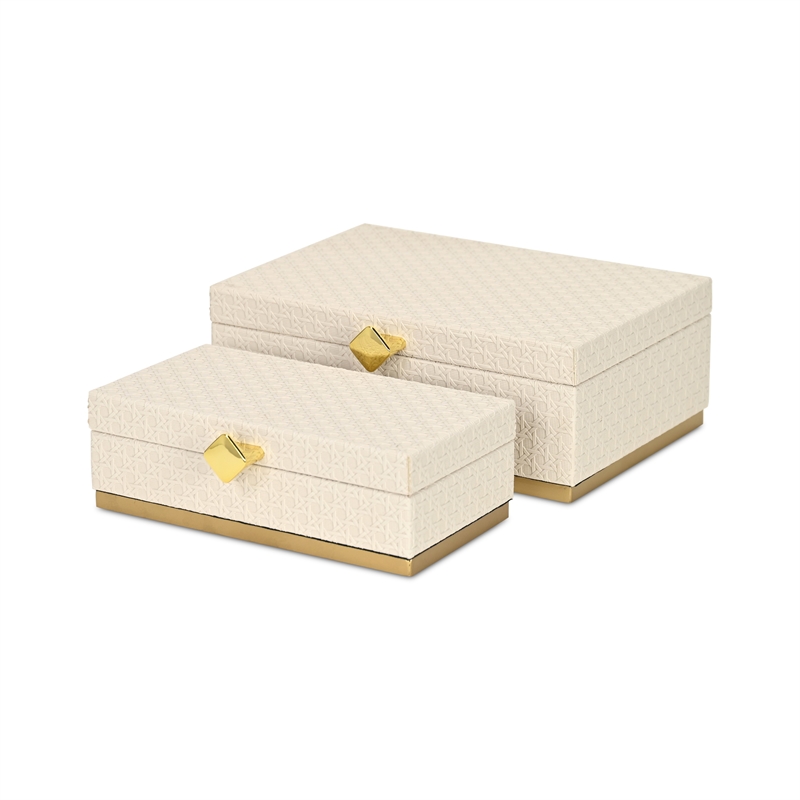Pemberly Row Vinyl Rattan Rectangular Box Set of 2 in White with Gold Metal Base