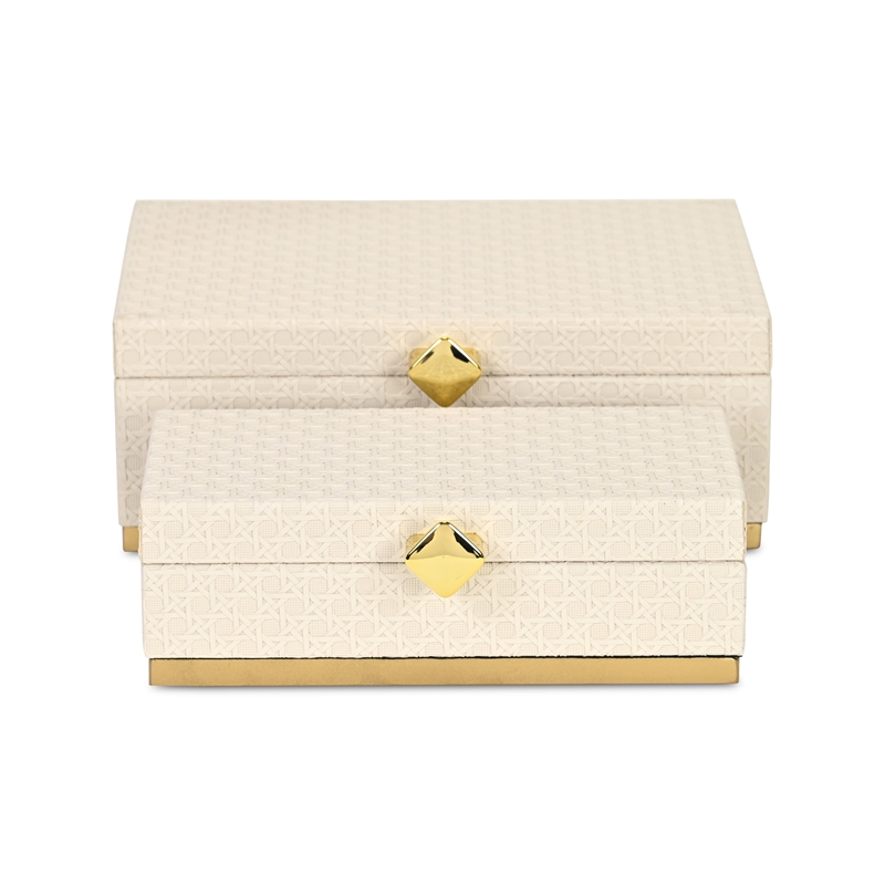 Pemberly Row Vinyl Rattan Rectangular Box Set of 2 in White with Gold Metal Base