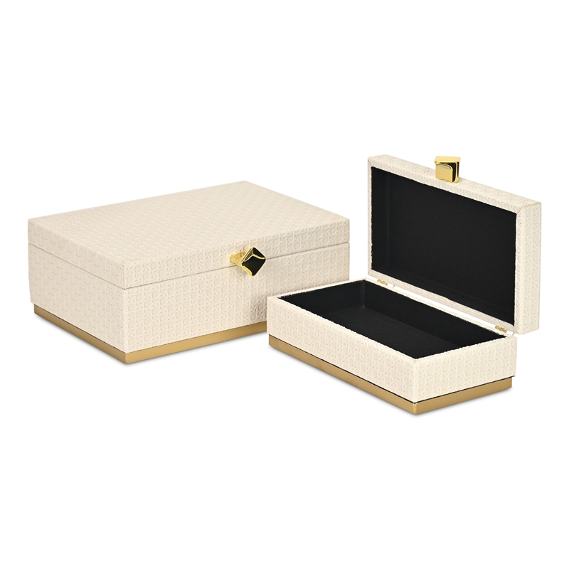 Pemberly Row Vinyl Rattan Rectangular Box Set of 2 in White with Gold Metal Base