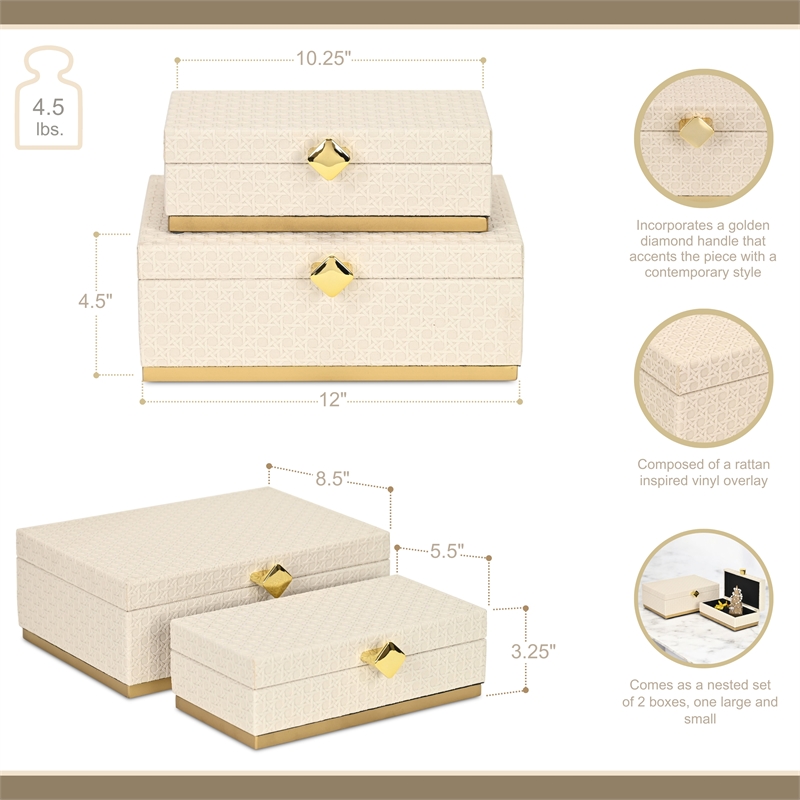 Pemberly Row Vinyl Rattan Rectangular Box Set of 2 in White with Gold Metal Base