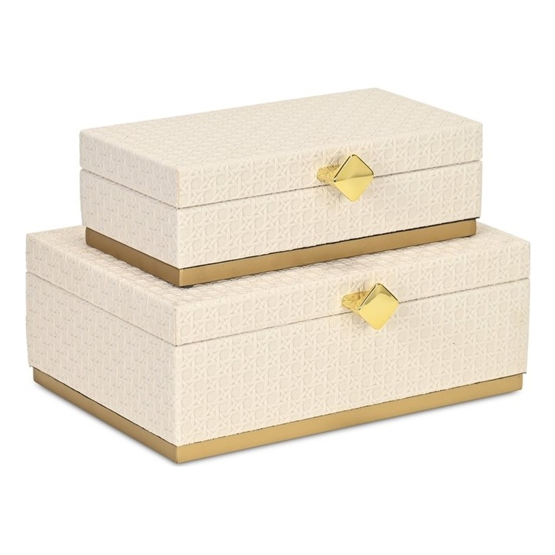 Pemberly Row Vinyl Rattan Rectangular Box Set of 2 in White with Gold Metal Base