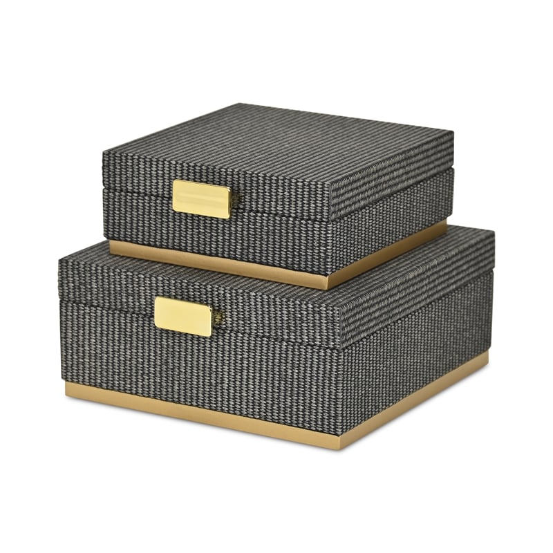 Pemberly Row Gray Woven Themed Square Box Set of 2 with Gold Metal Base