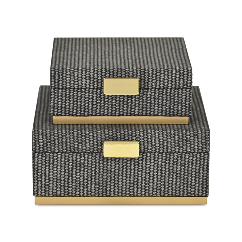 Pemberly Row Gray Woven Themed Square Box Set of 2 with Gold Metal Base