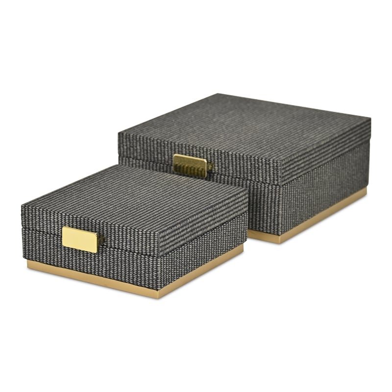 Pemberly Row Gray Woven Themed Square Box Set of 2 with Gold Metal Base