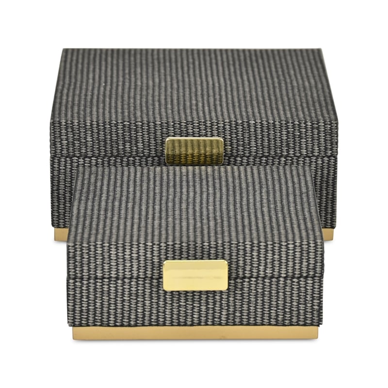 Pemberly Row Gray Woven Themed Square Box Set of 2 with Gold Metal Base