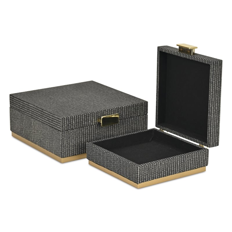 Pemberly Row Gray Woven Themed Square Box Set of 2 with Gold Metal Base