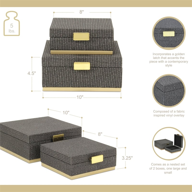 Pemberly Row Gray Woven Themed Square Box Set of 2 with Gold Metal Base