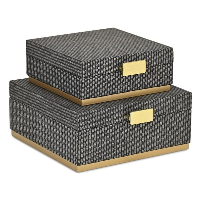 Pemberly Row Gray Woven Themed Square Box Set of 2 with Gold Metal Base