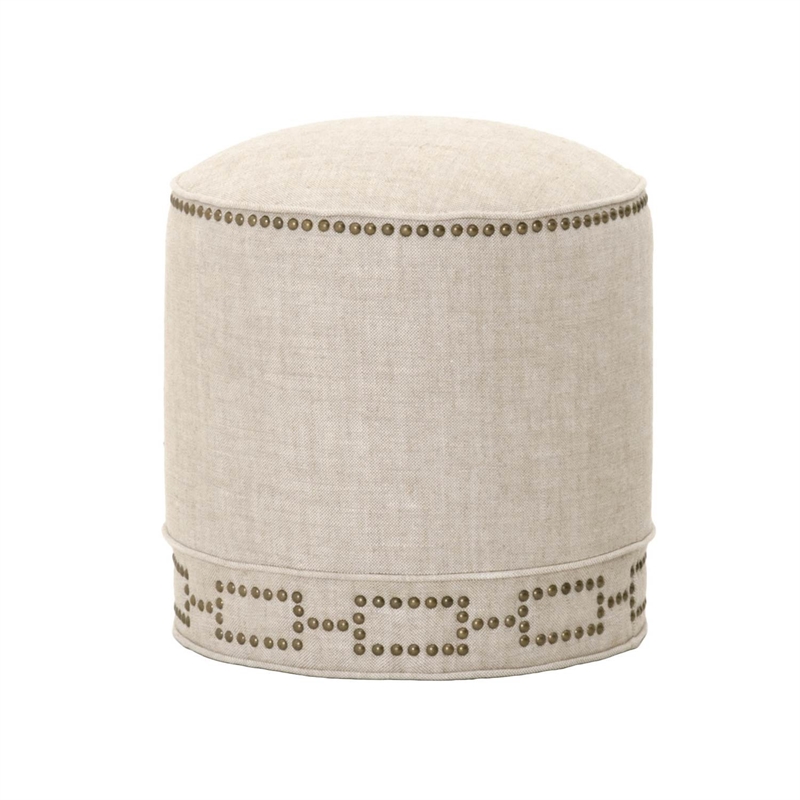 Pemberly Row Round Fabric Ottoman With Nail Head Design in Beige