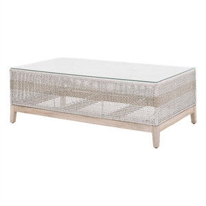 Pemberly Row Rope Weave Outdoor Coffee Table With Glass Top in Gray