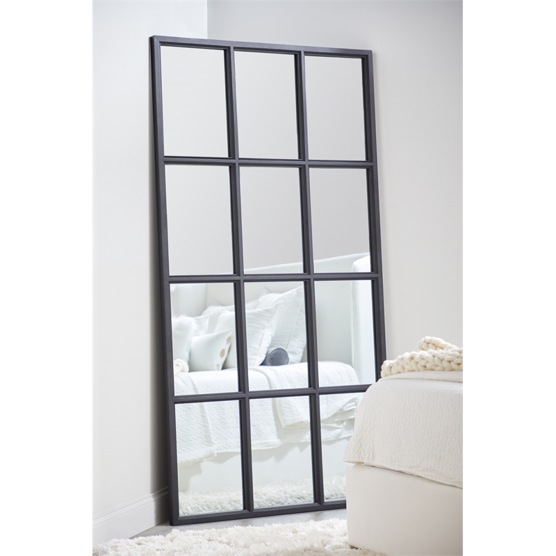 Pemberly Row Contemporary Solid Oak Floor Mirror in Matte Black