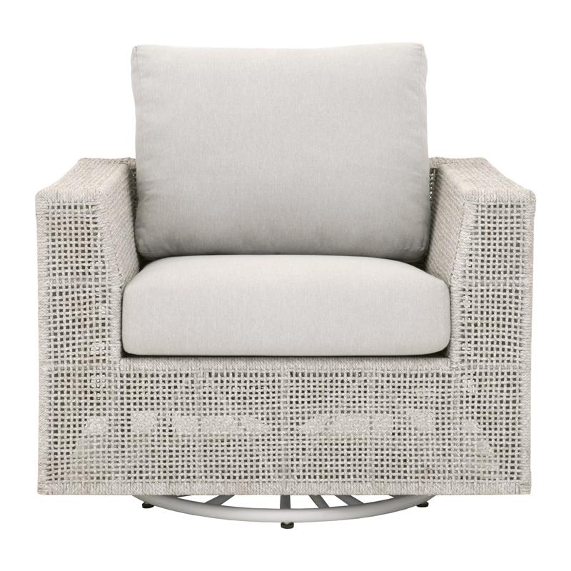 Pemberly Row Contemporary Rope Weave Swivel Outdoor Rocker Chair in Gray