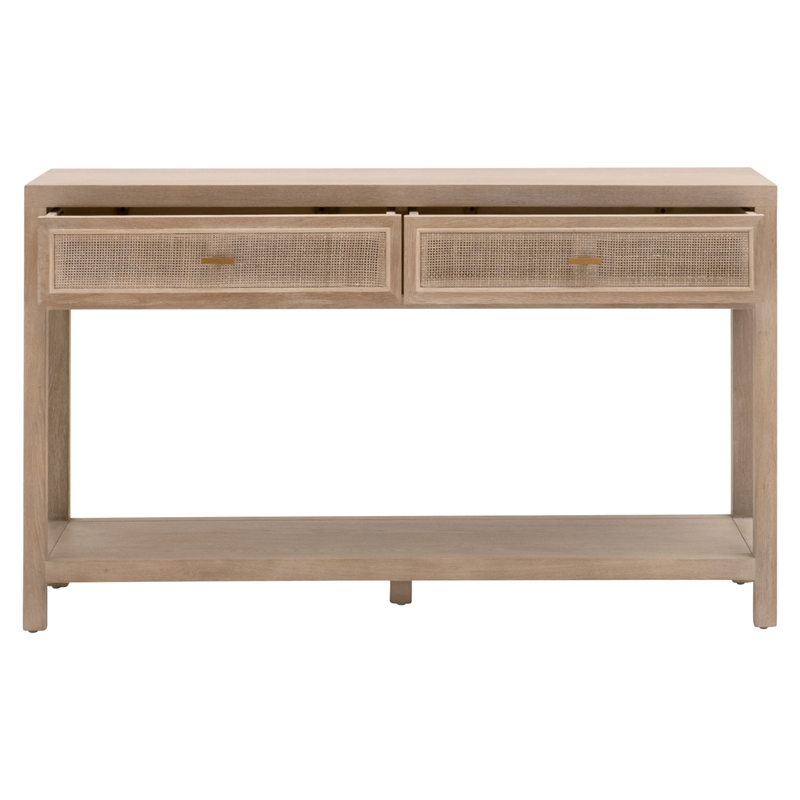 Pemberly Row Reclaimed Oak Cane Inlay Entry Console in Smoke Gray