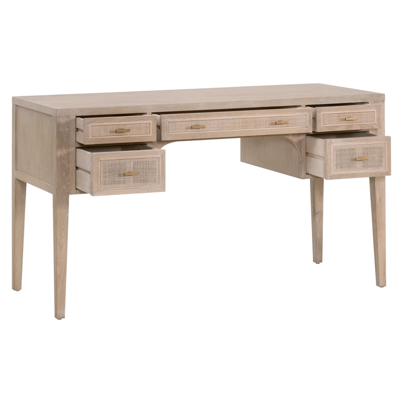 Pemberly Row 5-Drawer Reclaimed Oak Cane Inlay Desk in Smoke Gray