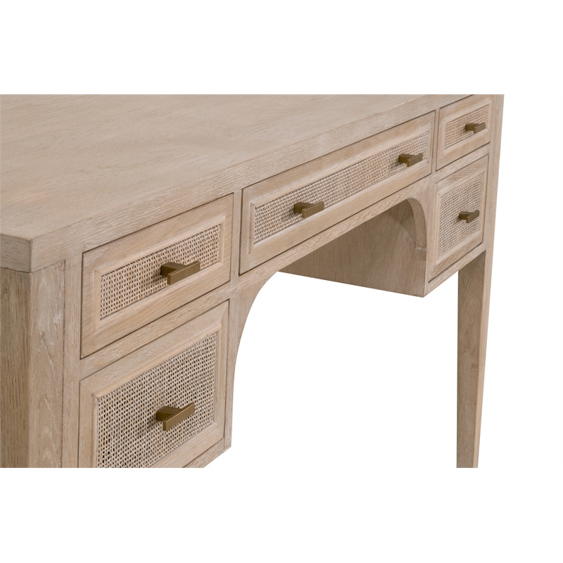 Pemberly Row 5-Drawer Reclaimed Oak Cane Inlay Desk in Smoke Gray