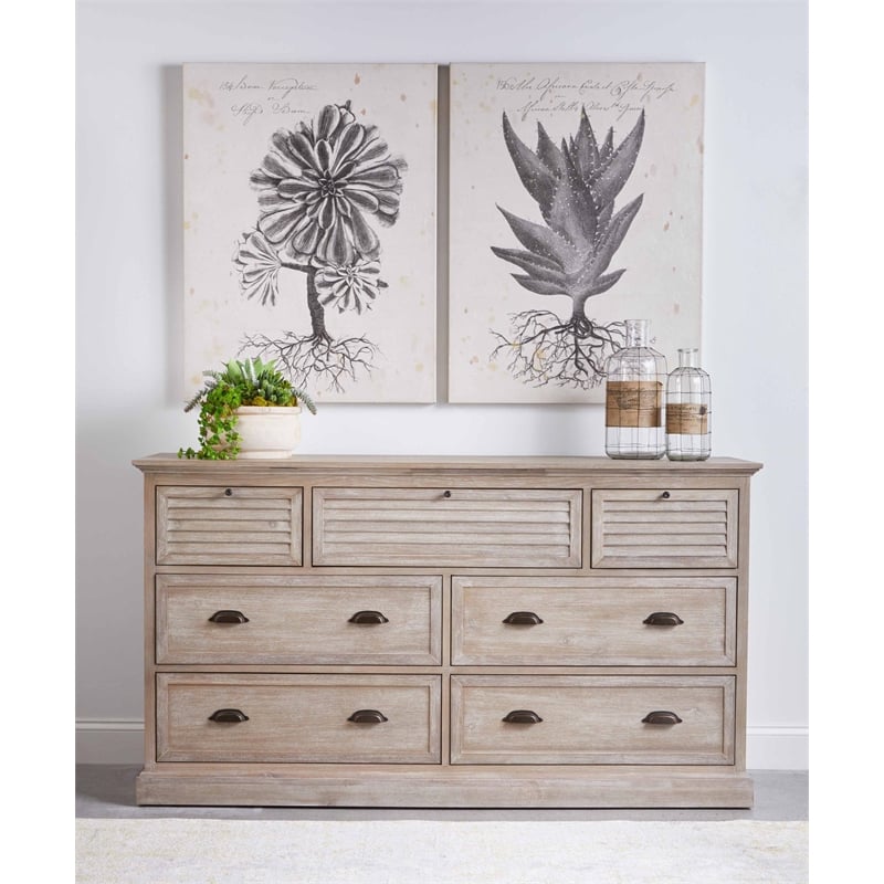 Pemberly Row Contemporary 7-Drawer Acacia Wood Media Dresser in Gray