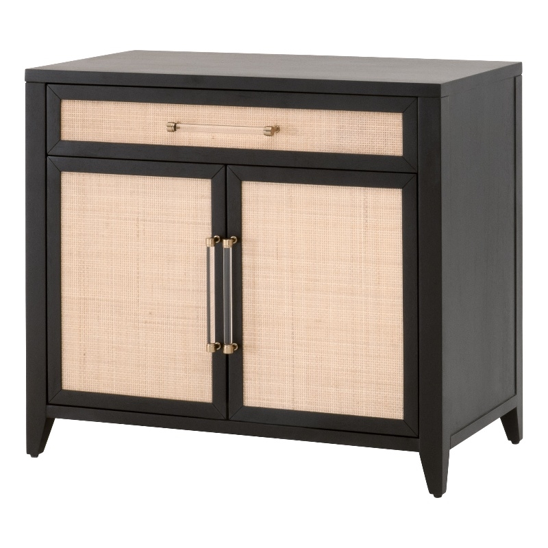 Pemberly Row Rattan Inlay Compact Wood Media Chest in Black/Natural
