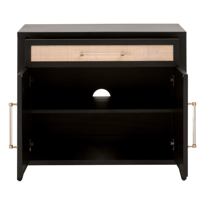 Pemberly Row Rattan Inlay Compact Wood Media Chest in Black/Natural