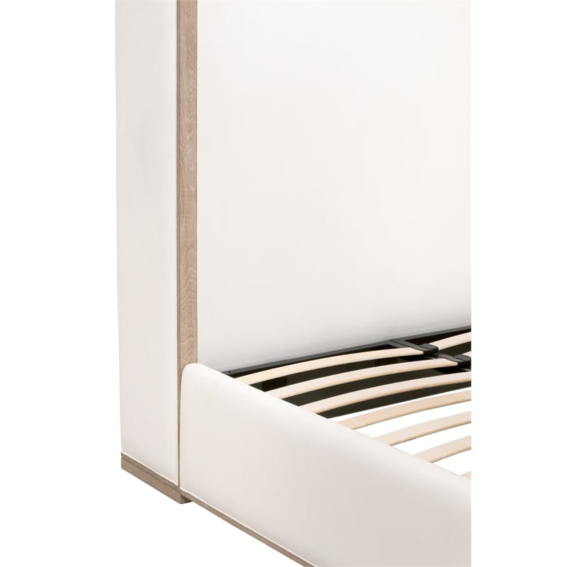 Pemberly Row Upholstered Oak Wing Shelter Cal King Bed in Pearl