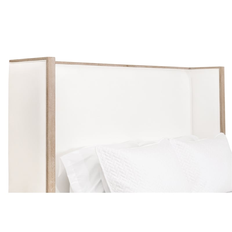 Pemberly Row Upholstered Oak Wing Shelter Cal King Bed in Pearl