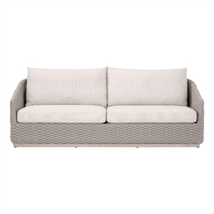 Pemberly Row Outdoor 89&quot Rope and Teak Sofa in Off White Ecru Weave