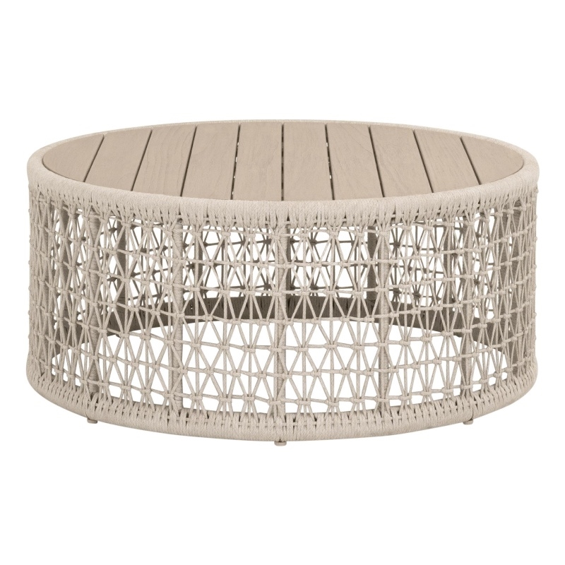 Pemberly Row Outdoor Rope and Teak Round Coffee Table 36