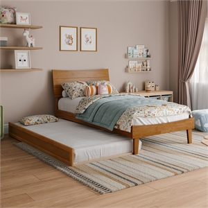 Pemberly Row Twin Solid Wood Platform Bed with Trundle in Light Toffee