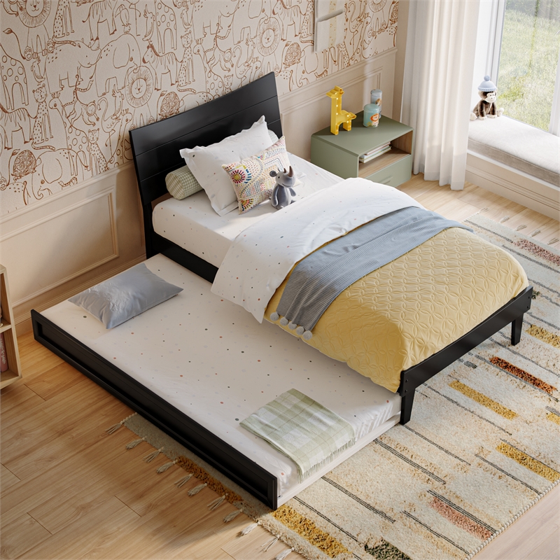 Pemberly Row Twin Solid Wood Platform Bed with Twin Trundle in Black