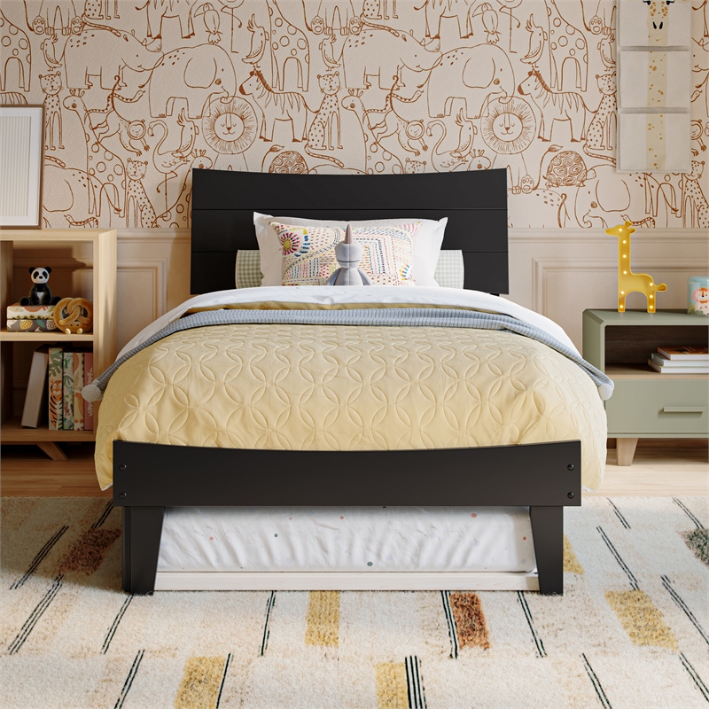Pemberly Row Twin Solid Wood Platform Bed with Twin Trundle in Black