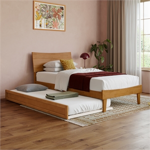 Pemberly Row Twin XL Solid Wood Platform Bed with Trundle in Light Toffee