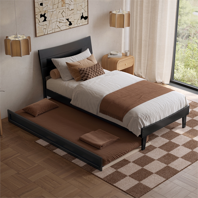 Pemberly Row Twin XL Solid Wood Platform Bed with Trundle in Black