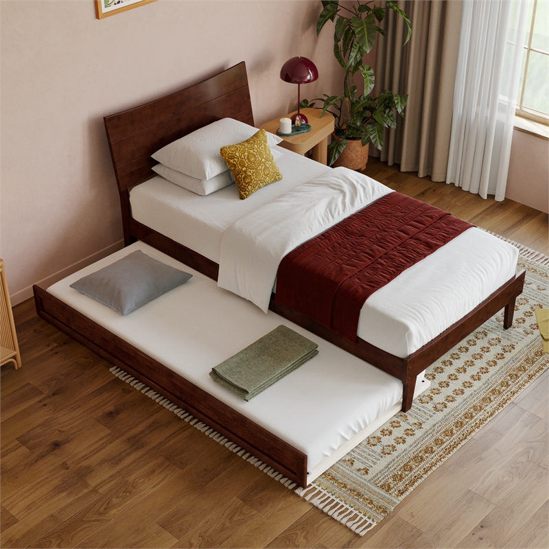 Pemberly Row Twin XL Solid Wood Platform Bed with Trundle in Walnut