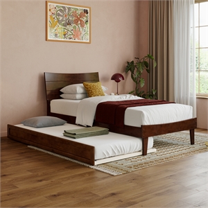 Pemberly Row Twin XL Solid Wood Platform Bed with Trundle in Walnut